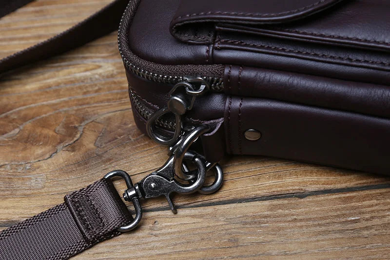 NZPJ Vintage Genuine Leather Men's Shoulder Bag Natural Cowhide Crossbody Bag Casual Small Backpack Suitable for 8-inch iPad