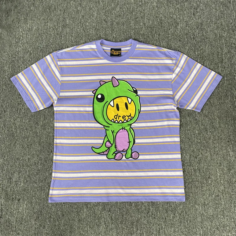 Men's Oversized Striped Dinosaur Smiley Print T-Shirt | Casual Cotton Tee