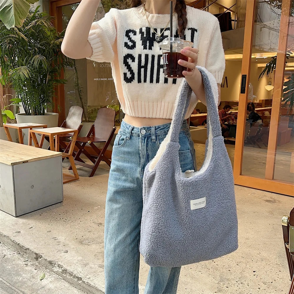 Reversible Plush Shoulder Bag for Women | Warm Fabric Tote