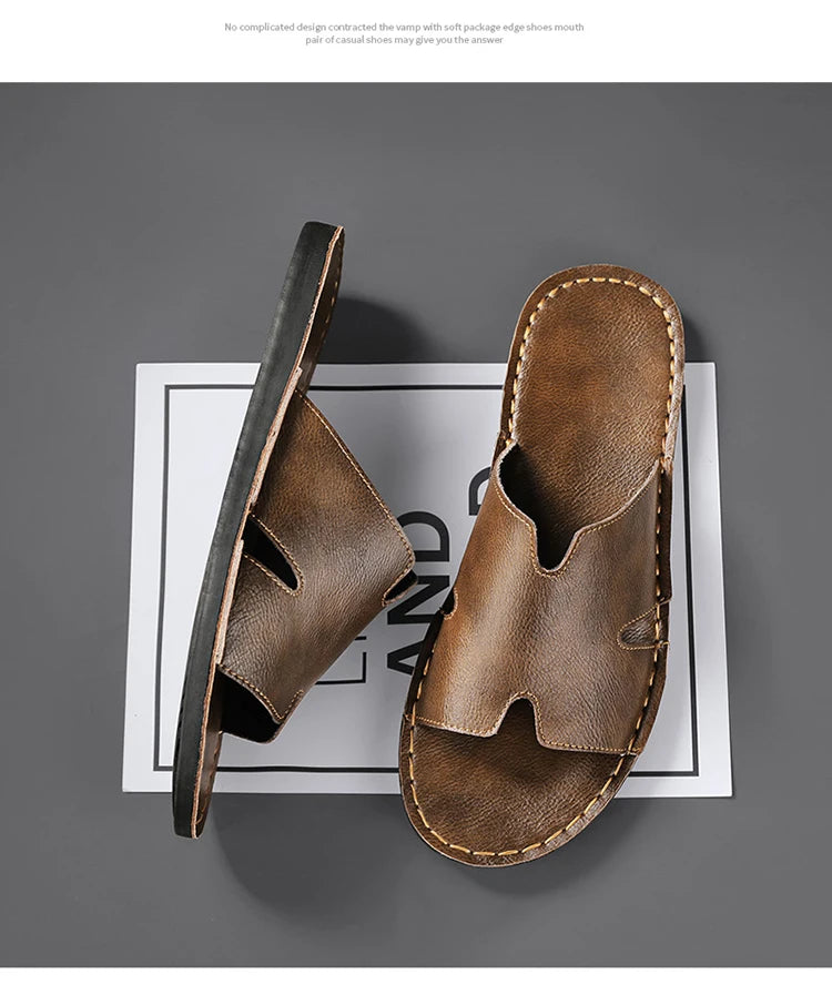 Men's Luxury Leather Slippers | Non-Slip Casual Wear for Summer