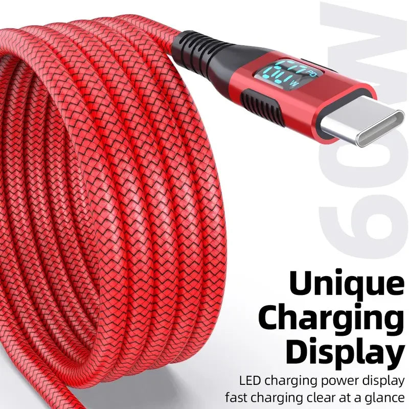 60W USB A to Type C Fast Charging Cable with Digital Display