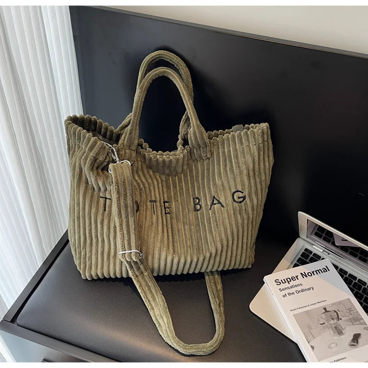 Bolso de mano de terciopelo a rayas de gran capacidad | Bolso tote elegante y versátil