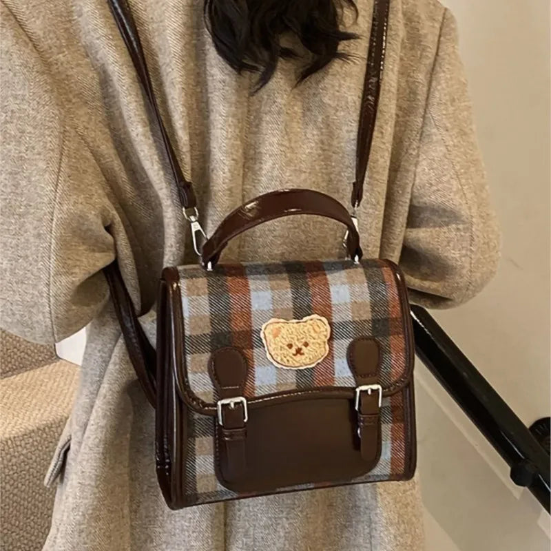 Cute Bear Backpack for Women | Vintage Plaid Student Bag