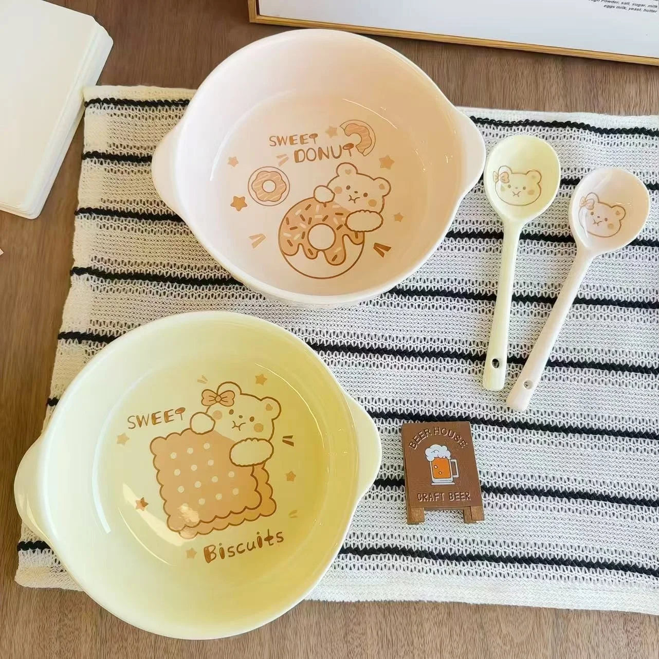 Large-Capacity Ceramic Bowl Set with Handles & Spoon for Kitchen