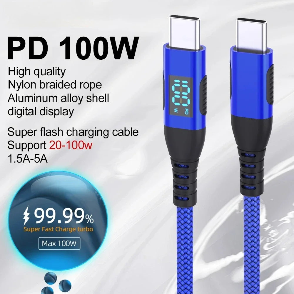100W PD Fast Charging Type C to C Cable with LED Display