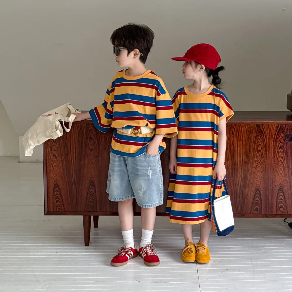 Children's Wide Striped Short-Sleeve T-Shirt for Summer Fun