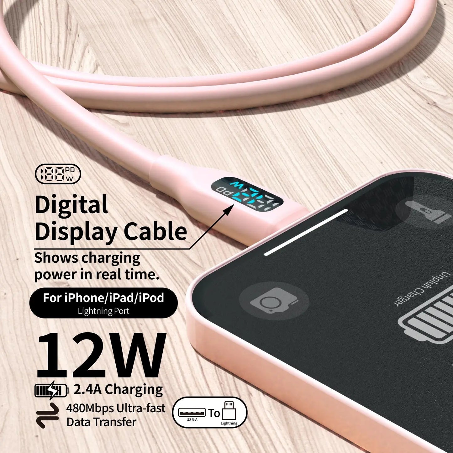Soft Silicone USB A to Lightning Charging Cable | Macaron Pink