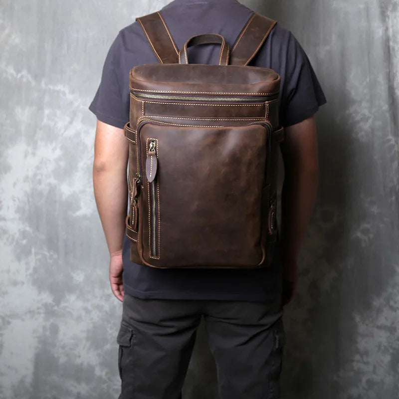 Retro Leather Vertical Backpack | Large Capacity Travel Bag for Men