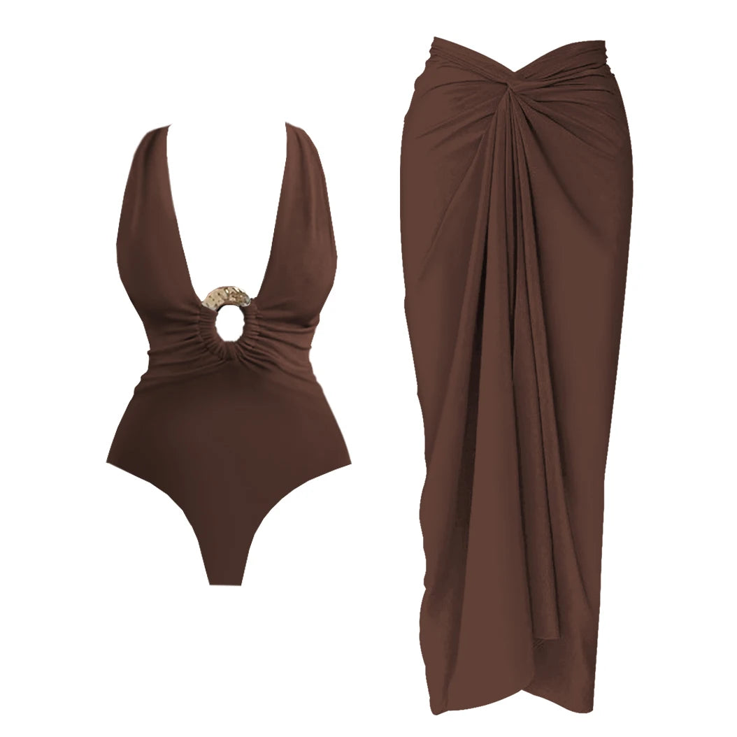 Deep V One Piece Swimsuit | Sexy Shiny High Waist Swimwear