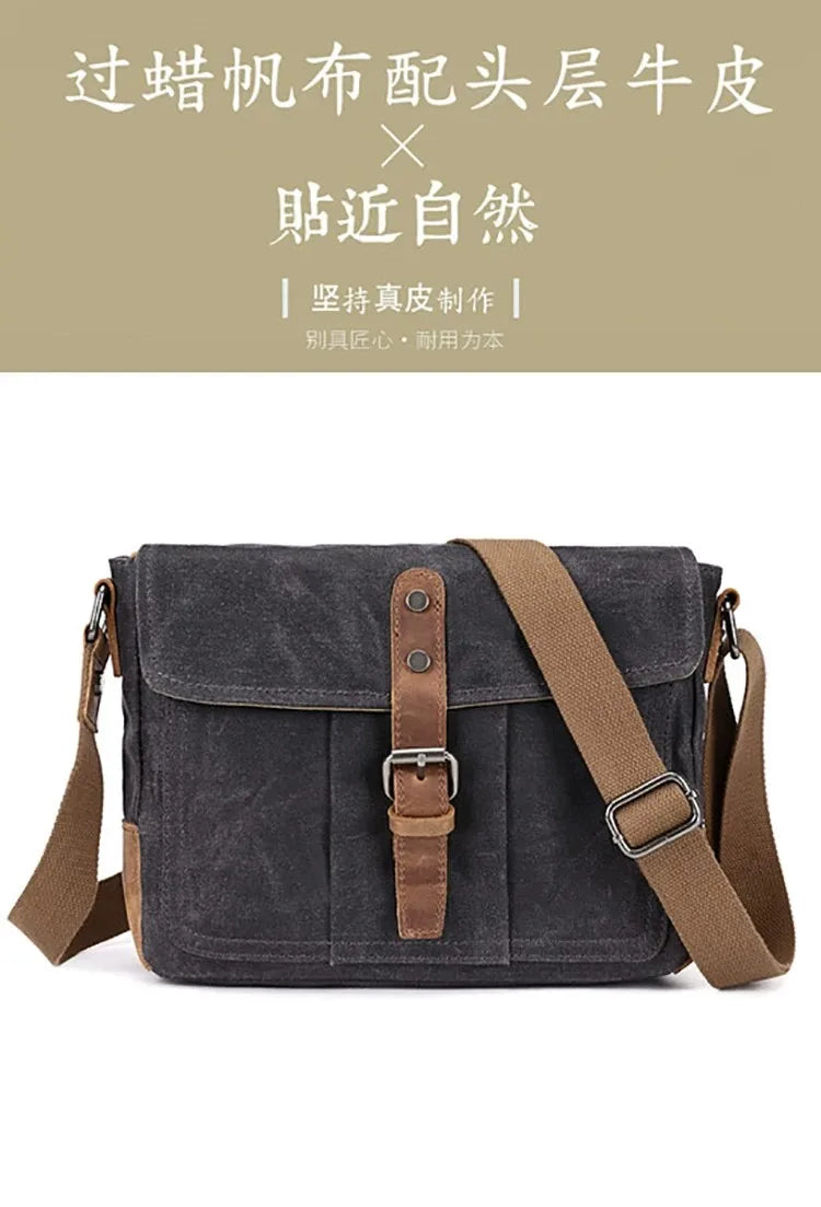 Vintage Waxed Canvas Crossbody Bag | Water-Resistant Casual Satchel
