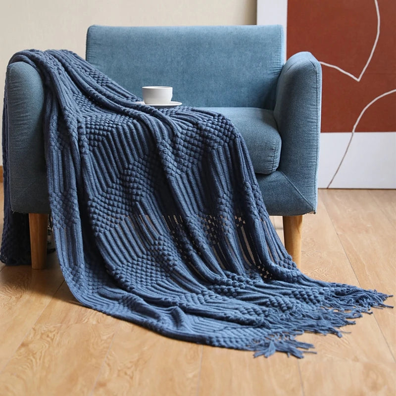 Cozy Yellow Boho Knitted Blanket | Soft Travel Nap Comfort