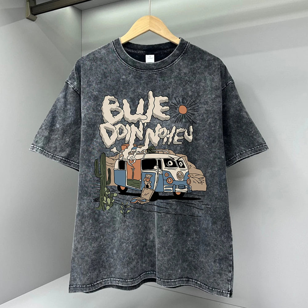 Oversized Cotton Camping T-Shirt for Men | Retro Cartoon Hip Hop Style