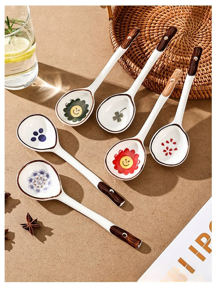 Cuchara de cerámica linda para sopa | Accesorio de cocina estilo japonés Kawaii