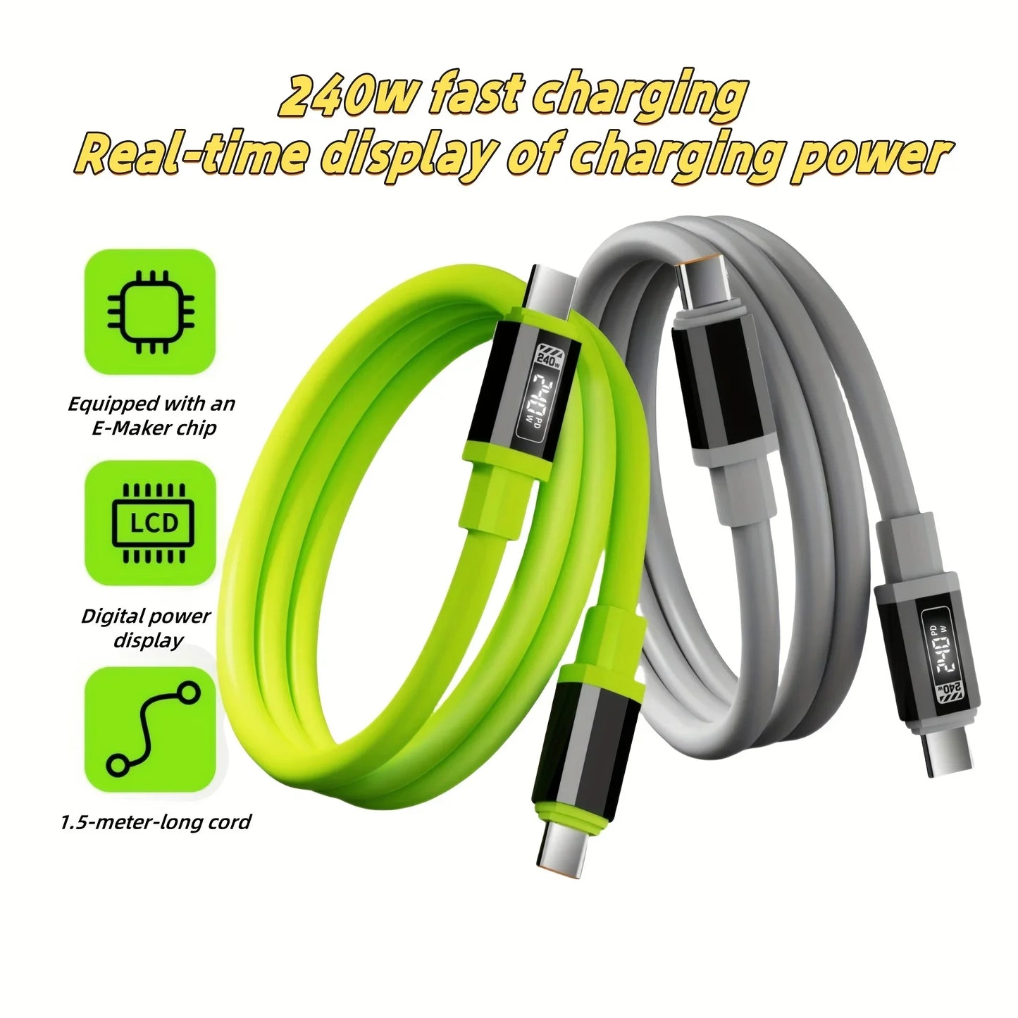 240W Fast Charging USB A C Cable with Power Display | Universal Compatibility