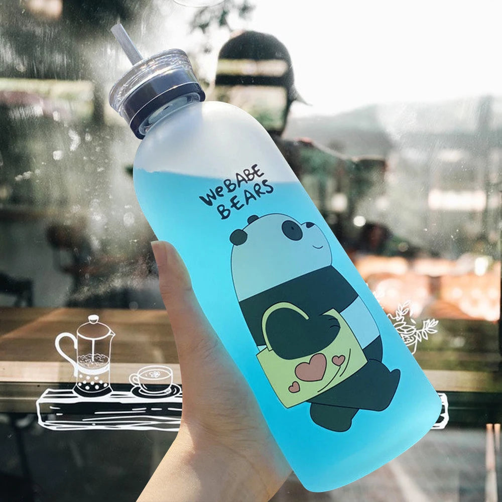 Cute Panda Water Bottle | 1000ml Transparent Frosted Drinkware