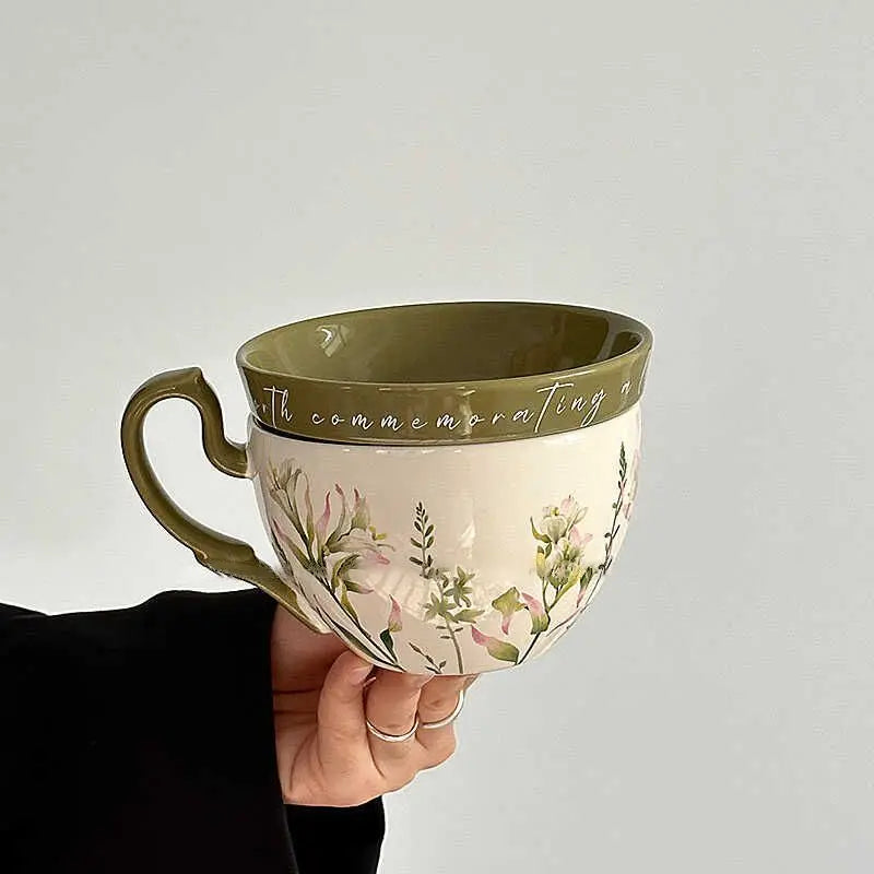 Large Capacity Ceramic Breakfast Cup with Lid | Rustic Coffee Mug Set