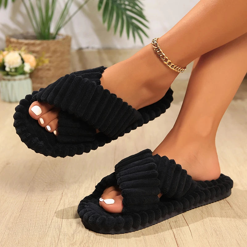 Women's Corduroy Cross Band Plush Slippers | Warm Cozy House Shoes