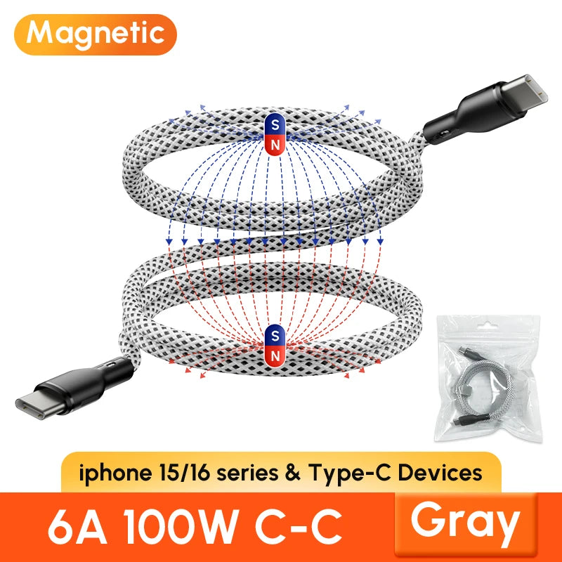 Magnetic Braided USB Type-C Car Charging Cable - 6A Data Transfer