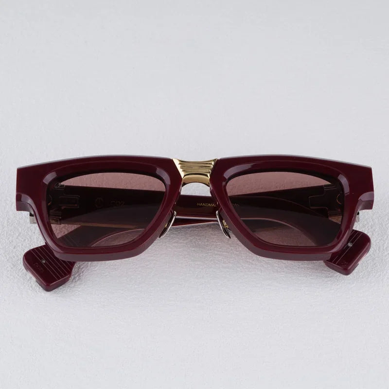 Luxurious Dark Red Thick Frame Sunglasses with Gold Details