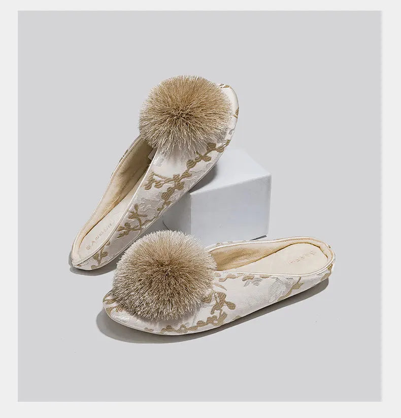 Ladies Indoor Cotton Slippers with Pom Poms | Stylish Comfort