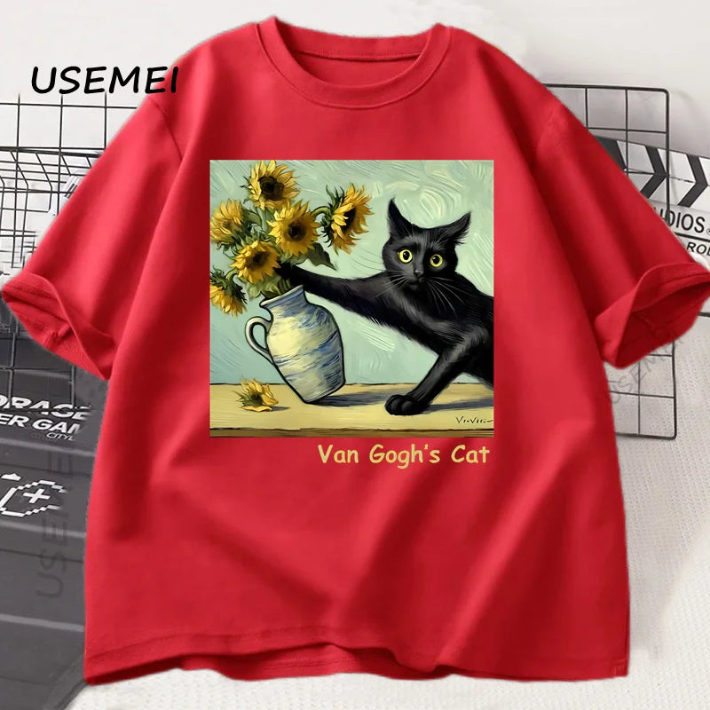 Funny Cat Art Print T-Shirt | Trendy Summer Short Sleeve Tee