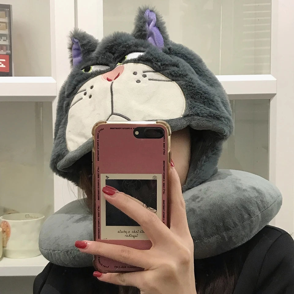 Kawaii Cat U-Shaped Neck Pillow | Cozy Hooded Travel Companion