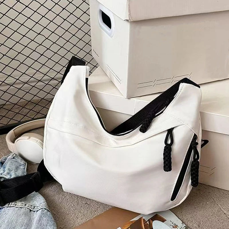 Casual Women's Nylon Crossbody Bag, Large Capacity Hobo Shoulder Purse with Adjustable Strap, Black/White/Khaki for Daily Use