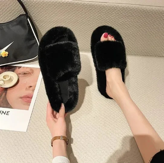 Cozy Double Fur Cross-Strap Plush Slippers | Warm Indoor Footwear