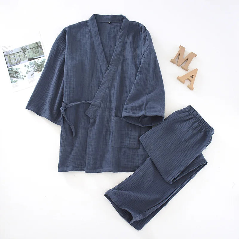 2026 Japanese Kimono Set 100%Cotton Pajamas Two-piece Couple Yukata Loose Men's And Women's Sweat Steaming Suit Home Service Set