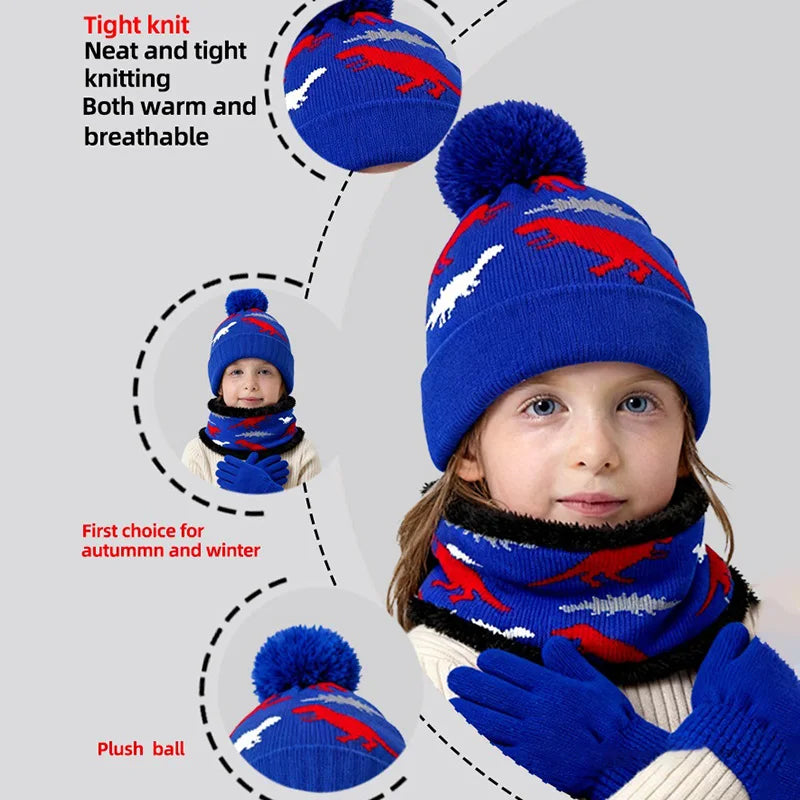 Kids Dinosaur Hat, Glove & Scarf Set | Warm Winter Accessories