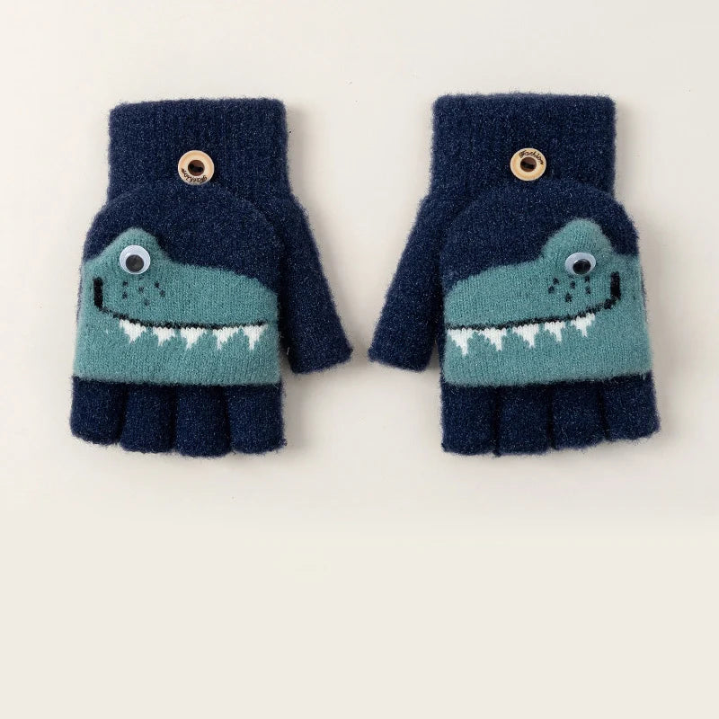 Kids Knitted Alligator Writing Gloves | Warm Winter Fingerless Gloves