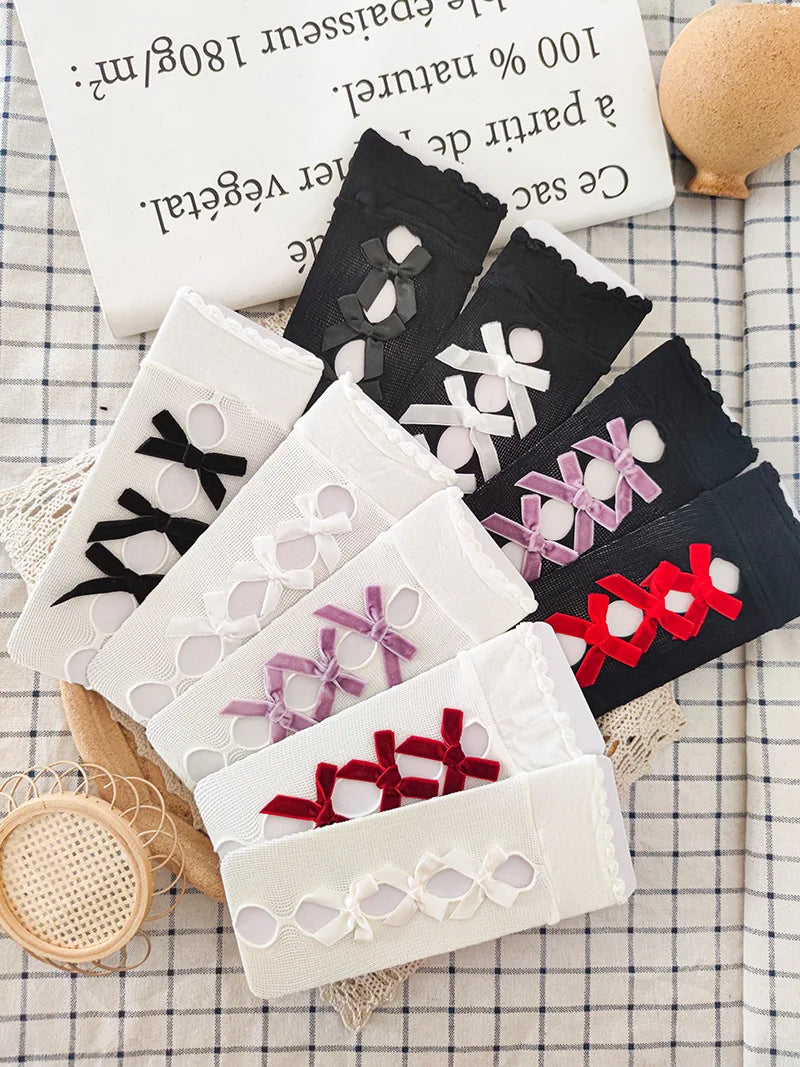 Kawaii Hollow Out Mesh Fishnet Socks | Cute Bow Long Stockings
