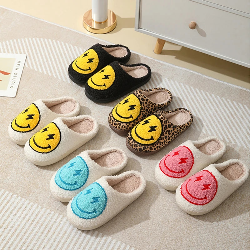Women's Leopard Print Plush Slippers | Cute Smile Face House Shoes