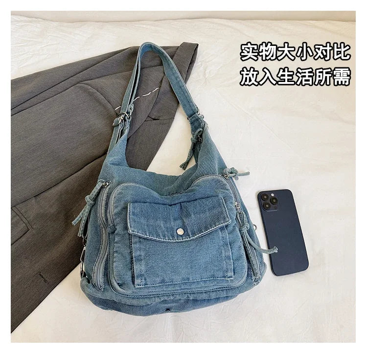 Trendy Solid Color Denim Shoulder Bag | Versatile Women's Crossbody