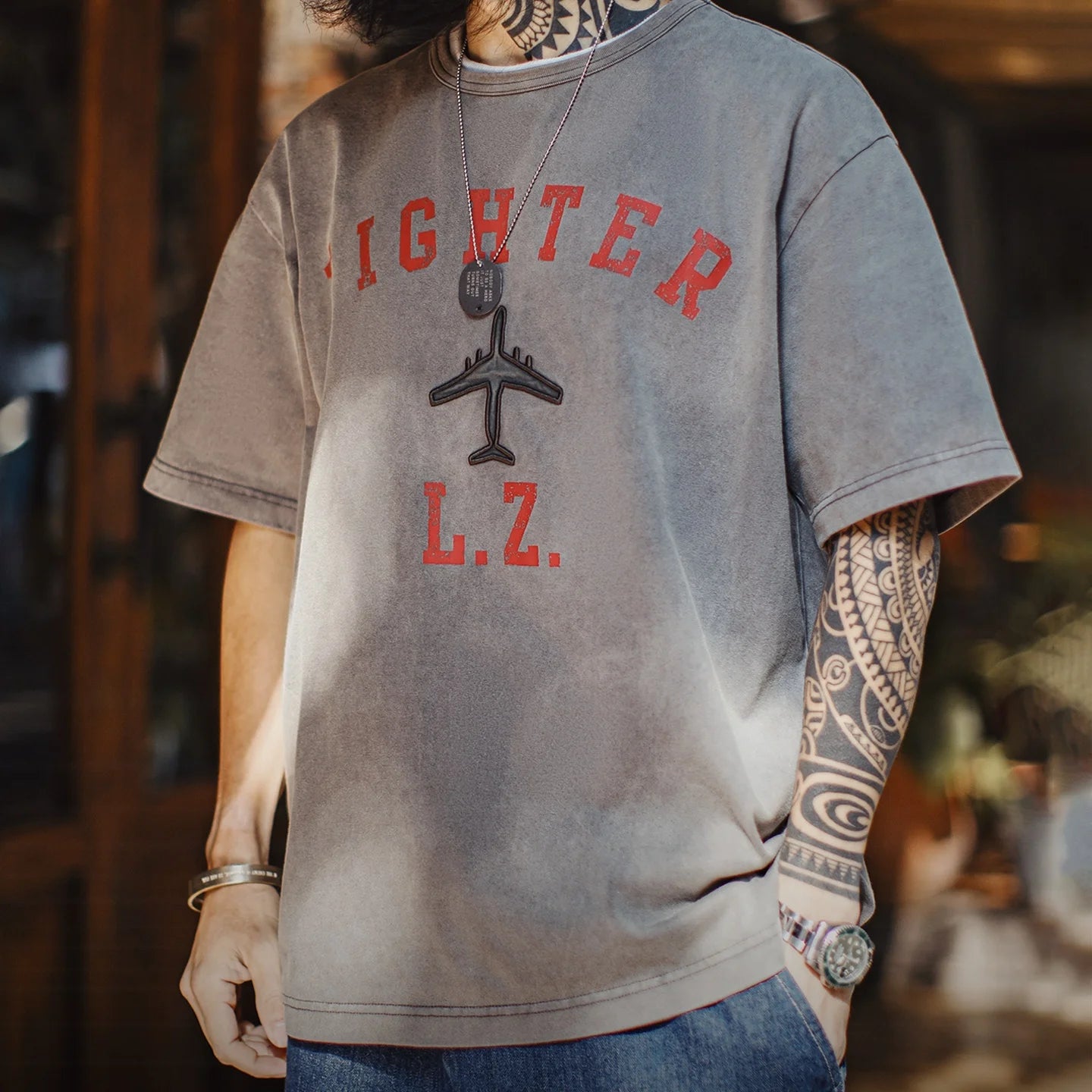 Men's Vintage Fighter Plane Print T-Shirt | Heavyweight Cotton Tee