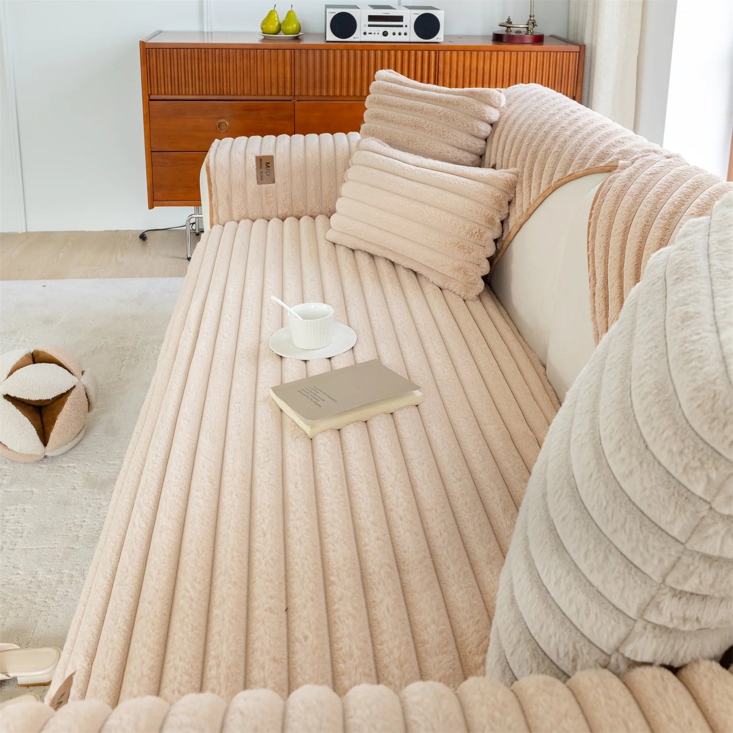 Stripe Imitation Rabbit Fur Plush Sofa Cover | Non-Slip Couch Slipcover