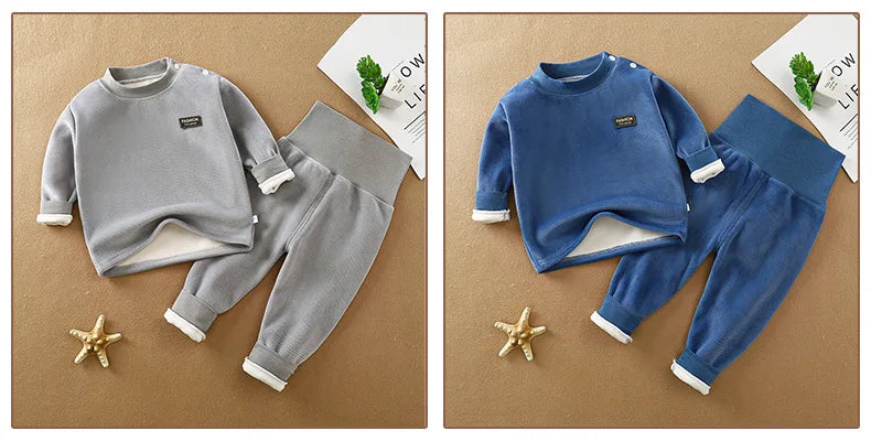Unisex Kid's Fleece-Lined High Neck Top & Pants Set for Daily Wear