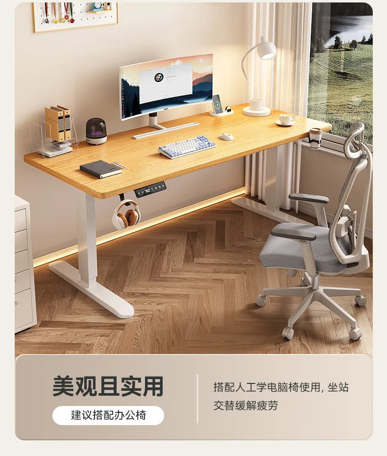 Electric Height Adjustable Solid Wood Computer Desk for Home & Office