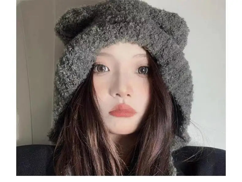 Women's Cute Bear Ear Plush Beanie | Cozy Winter Bomber Hat