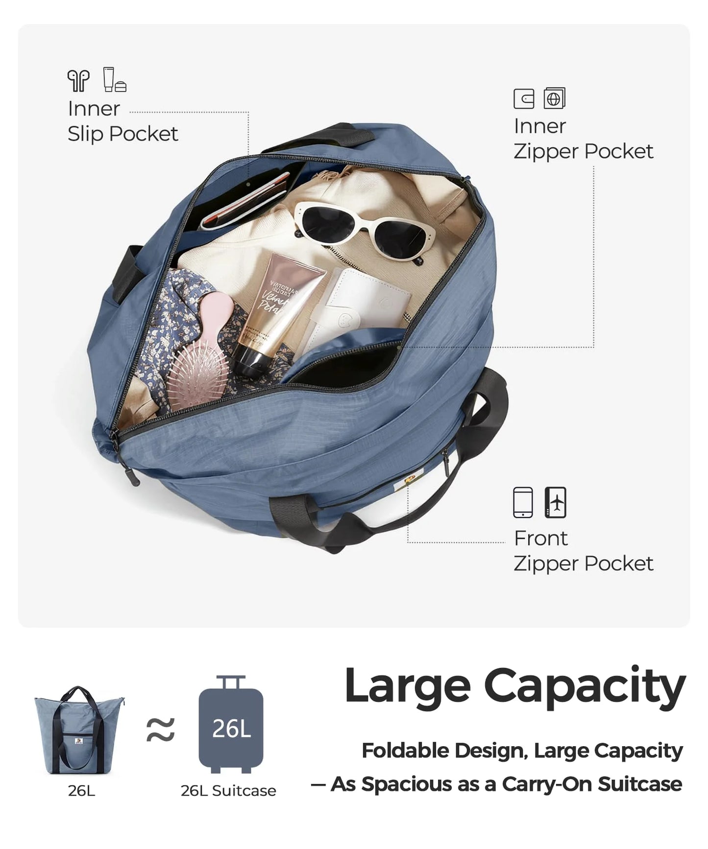 26L Foldable Travel Bag | Lightweight Expandable Weekender Tote