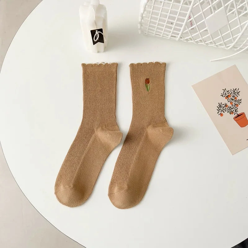 Women's Autumn Floral Embroidery Crew Socks | Cute Kawaii Style