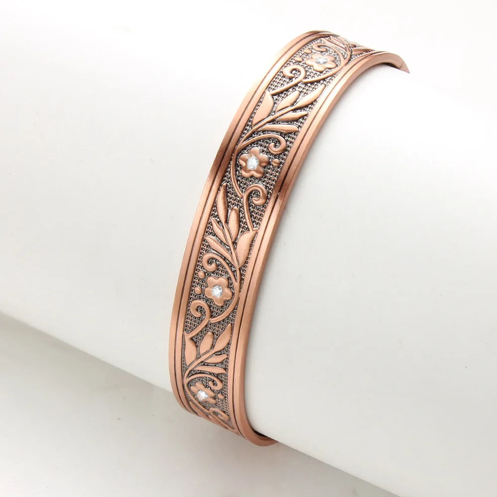 Vintage Floral Pure Copper Cuff Bracelet | Magnetic Therapy Bangle