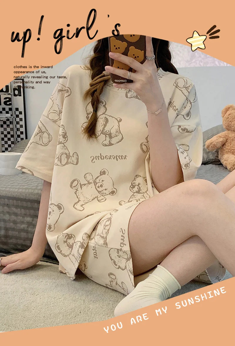 Plus Size Short Sleeve Pajamas for Women | Cute Cartoon Bear Design