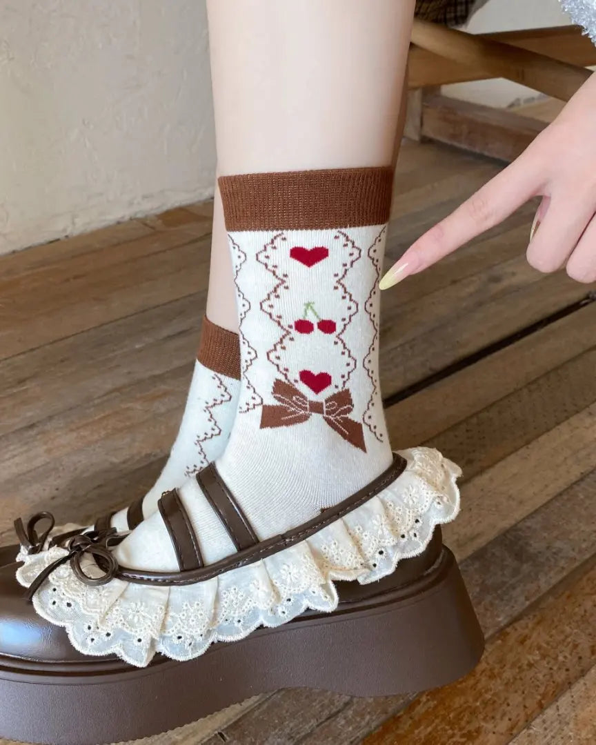 Cute Women's Mid-Calf Socks | Charming Cherry Bow Design