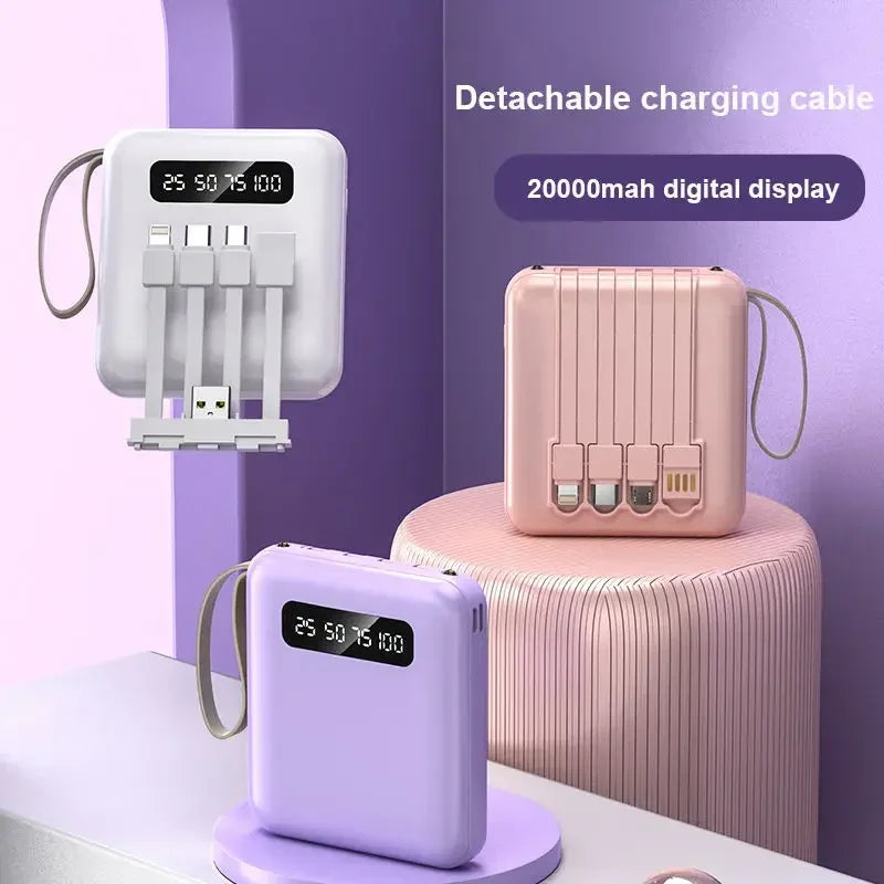 High-Capacity Mini Power Bank with LED Display & Built-in Cable