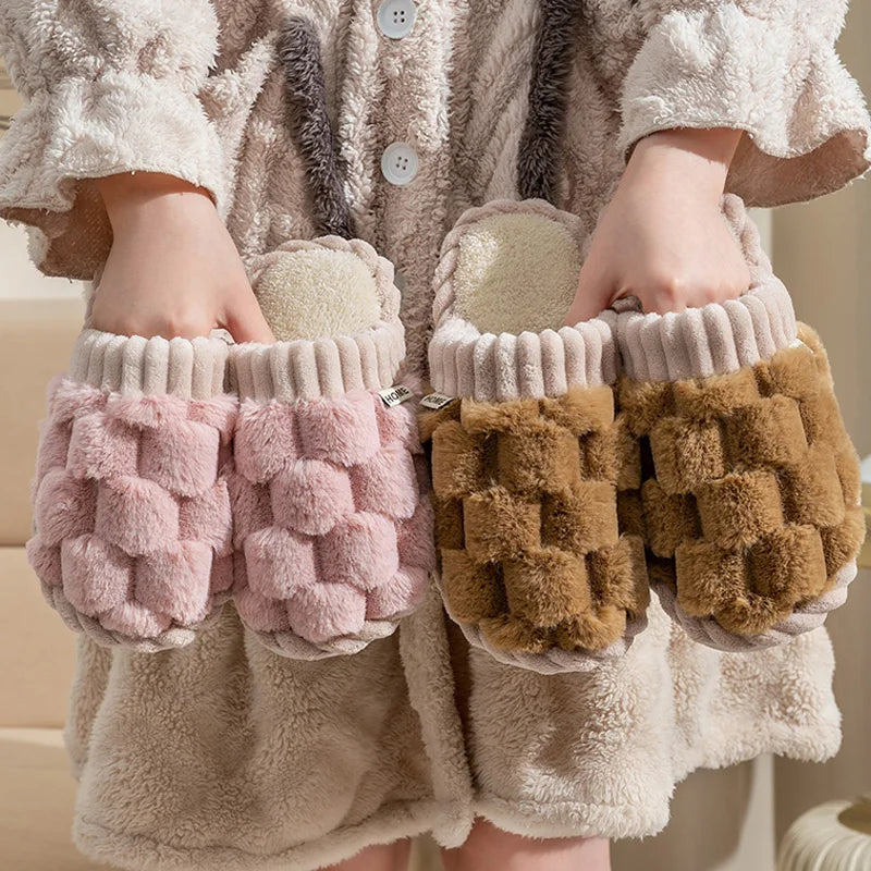Cozy Couples Plaid Plush Slippers | Warm Indoor Winter Shoes