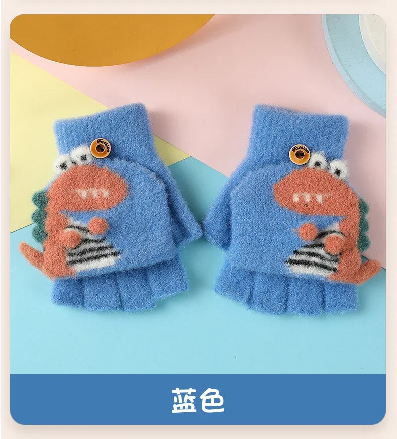 Kawaii Cartoon Dino Kids Half Finger Gloves | Winter Warmth for Fun