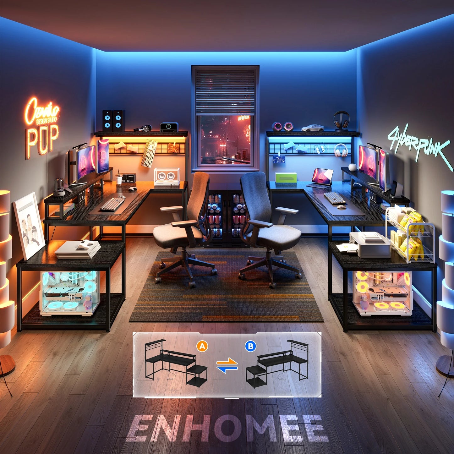 L Shaped Gaming Desk with LED Lights & Power Outlets for Home Office