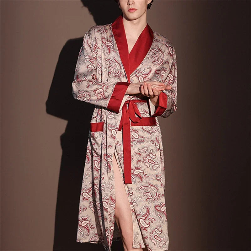 Spring Summer New Mens Robe Printed Bathrobe Kimono Gown Silky Satin Male Sleepwear Night Clothes Loose Casual Homewear Pajama