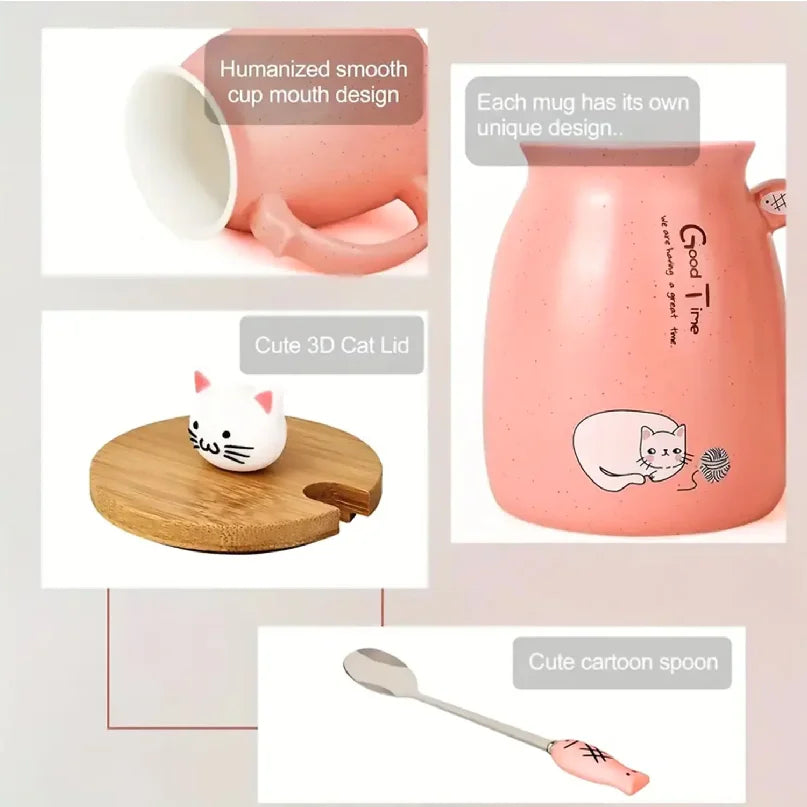 Cute Cat Ceramic Mug with Kitty Lid & Spoon | Perfect Gift for Cat Lovers
